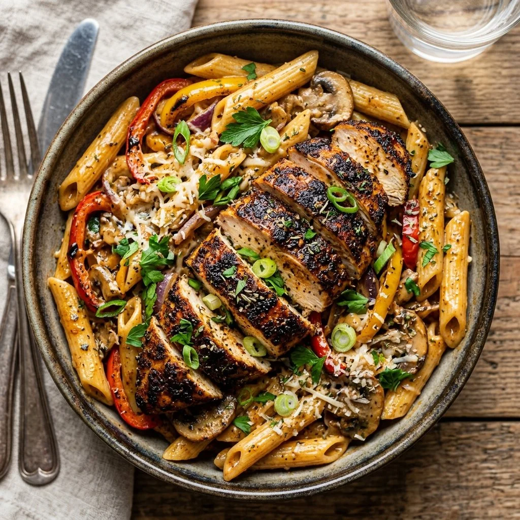 Delicious plate of blackened chicken pasta garnished with herbs and spices