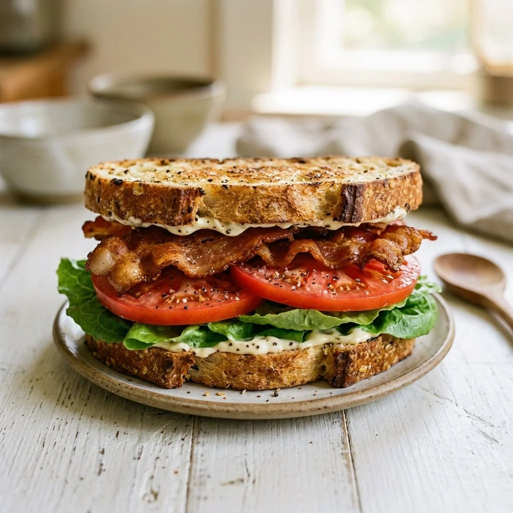 Delicious BLT sandwich with crispy bacon, fresh lettuce, and ripe tomato