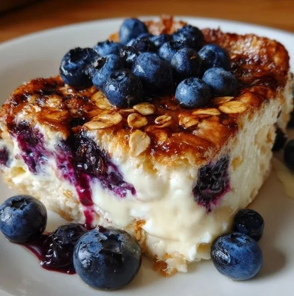 Homemade blueberry bake with cottage cheese topped with fresh blueberries