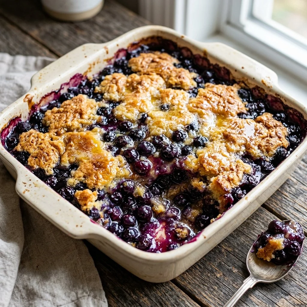 Delicious homemade blueberry dump cake served in a baking dish