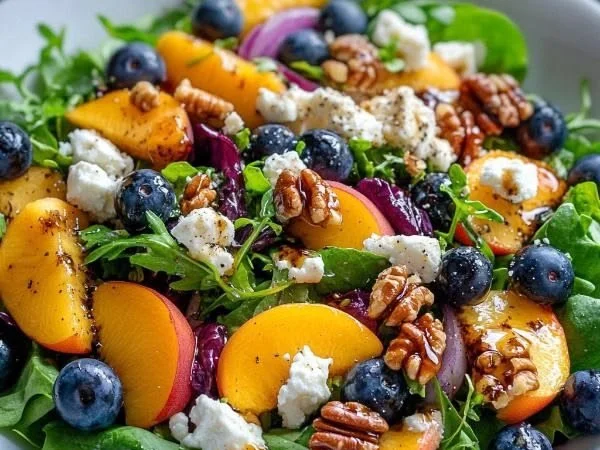 Delicious Blueberry Peach Feta Salad with fresh fruits and feta cheese