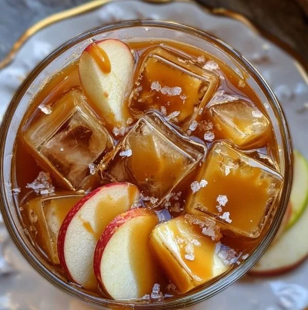 Boozy apple cocktail garnished with salted caramel drizzles