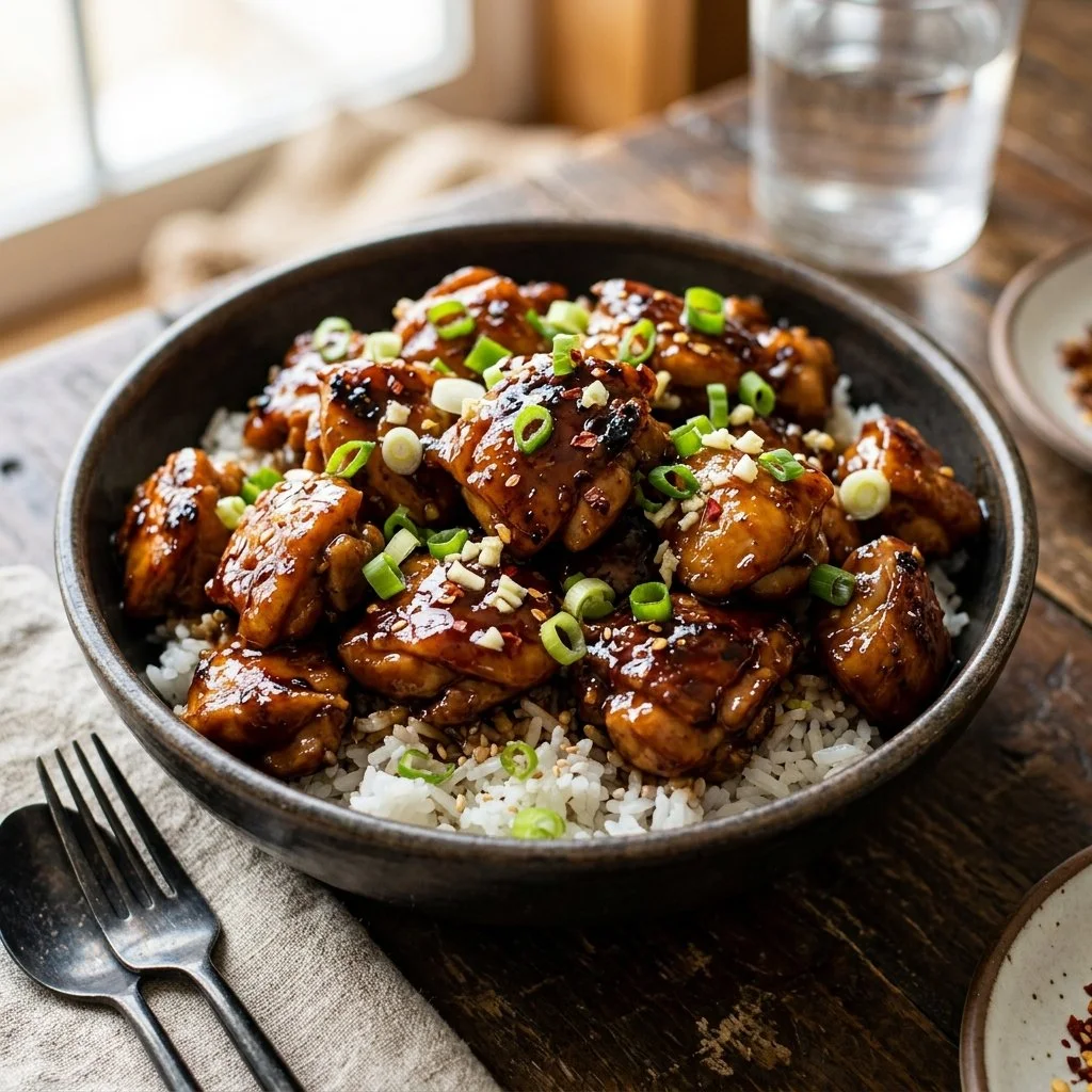Plate of Bourbon Chicken garnished with green onions and served with rice