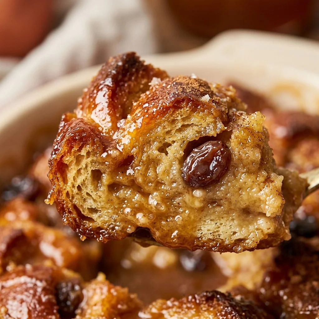 Delicious homemade bread pudding served in a bowl with caramel sauce