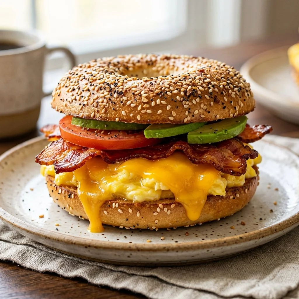Delicious breakfast bagel sandwich with eggs and toppings