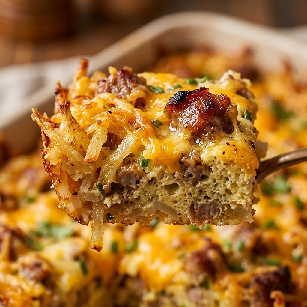 Delicious breakfast casserole with hash browns served in a baking dish