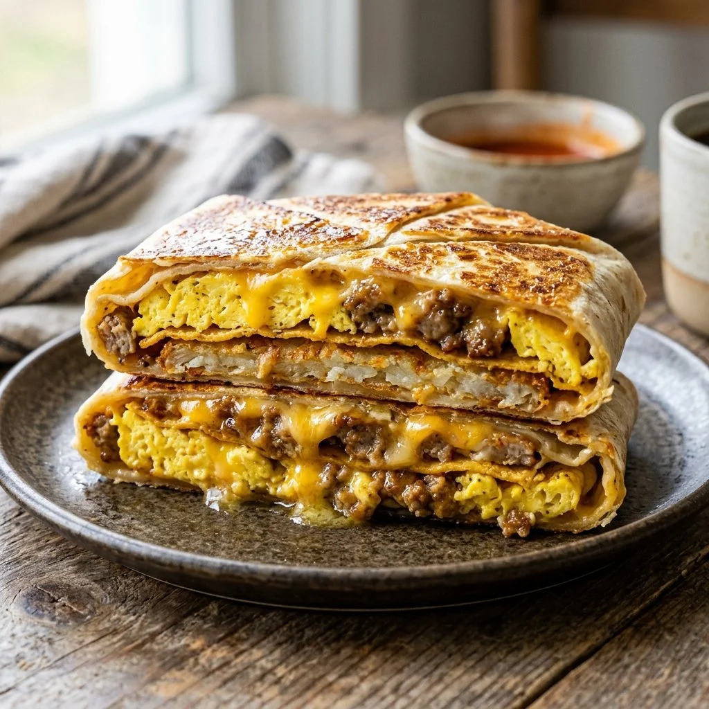 Delicious Breakfast Crunchwrap filled with eggs, cheese, and bacon
