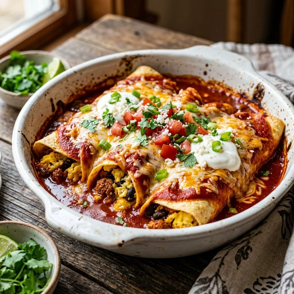 Delicious breakfast enchiladas topped with cheese and salsa