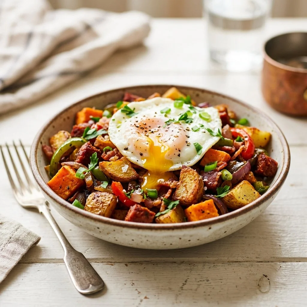 Delicious breakfast hash featuring potatoes, eggs, and vegetables