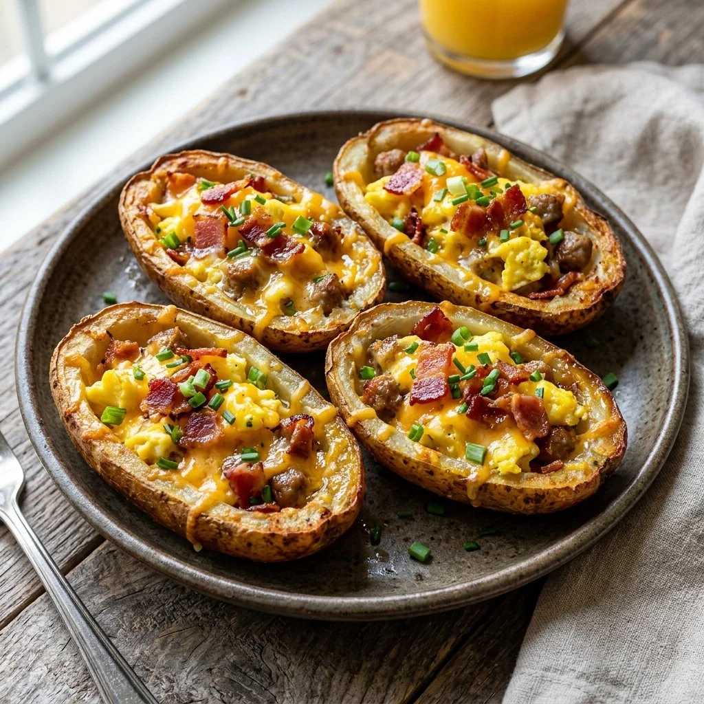 Delicious breakfast potato skins topped with eggs and cheese