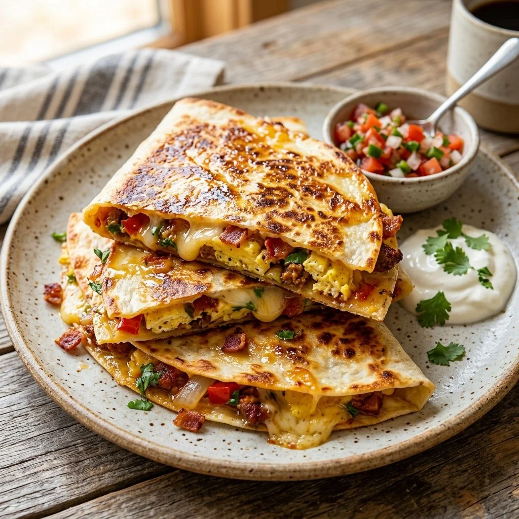 Delicious breakfast quesadillas filled with cheese and vegetables.