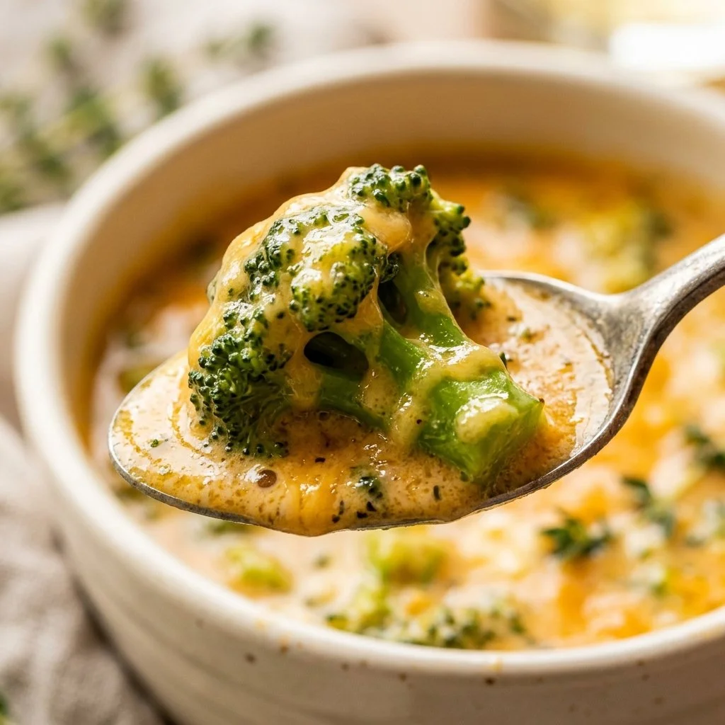 Bowl of delicious broccoli cheddar soup topped with cheese and fresh broccoli fleurets.