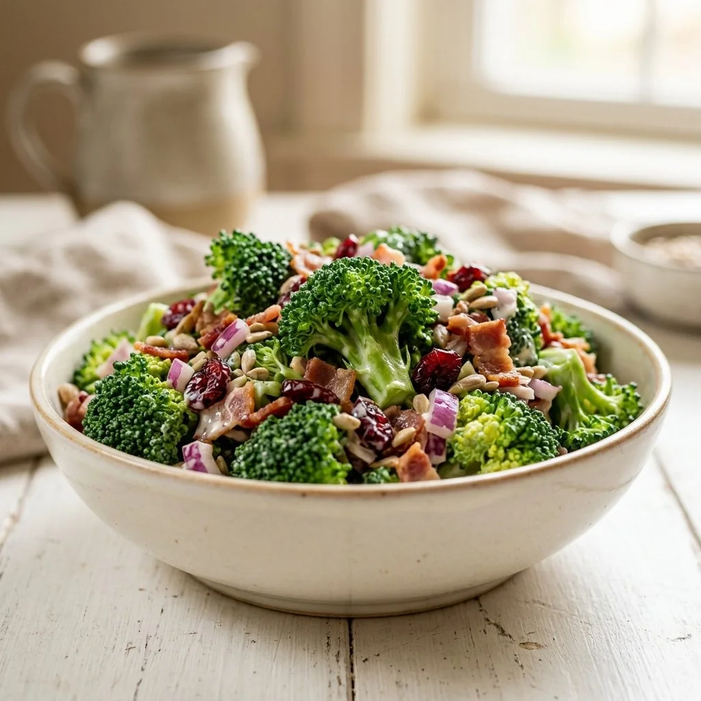 Fresh broccoli salad with colorful vegetables and dressing