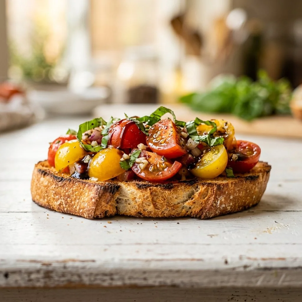 Delicious bruschetta topped with tomatoes, basil, and olive oil on toasted bread.