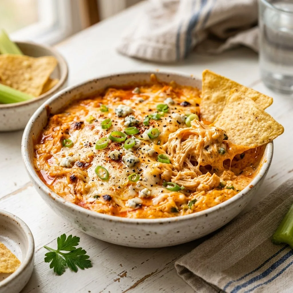 Delicious buffalo chicken dip served with tortilla chips