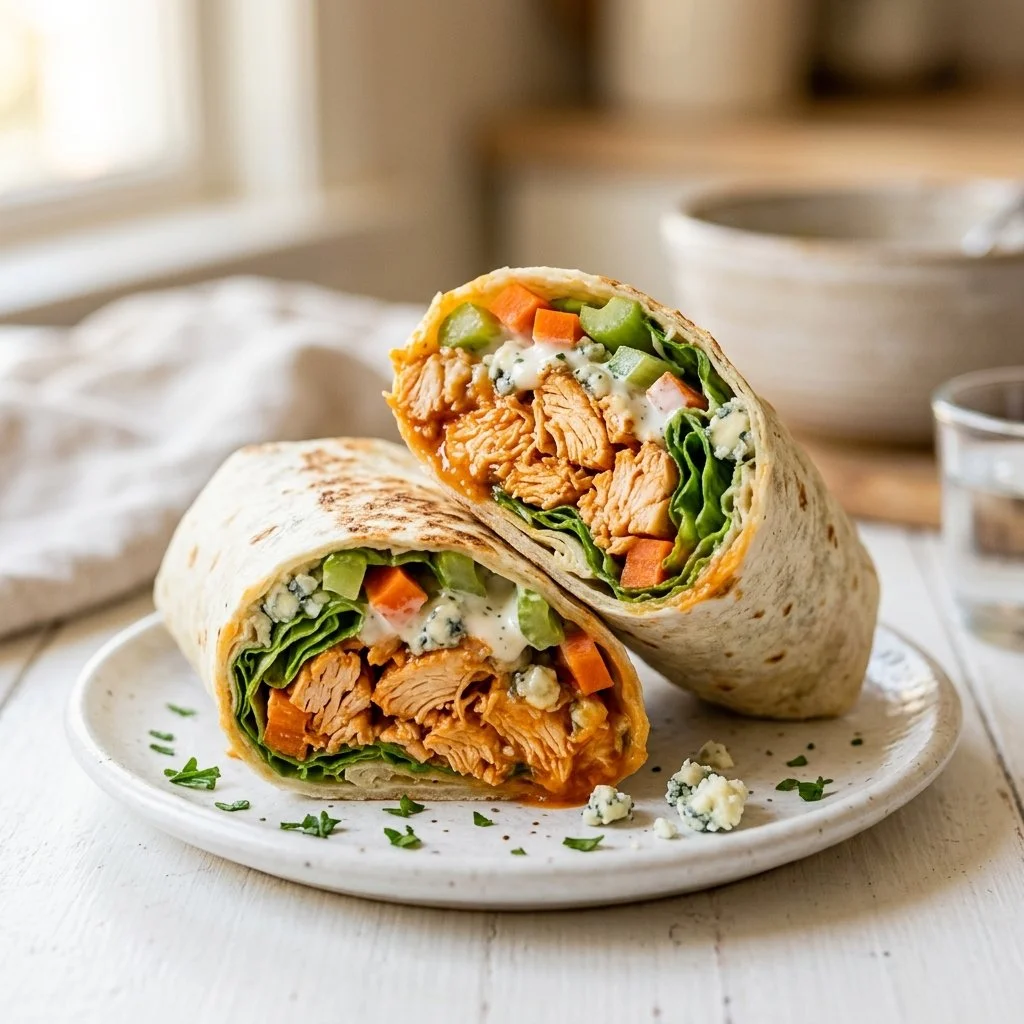 Delicious homemade Buffalo Chicken Wrap filled with spicy chicken and fresh veggies.