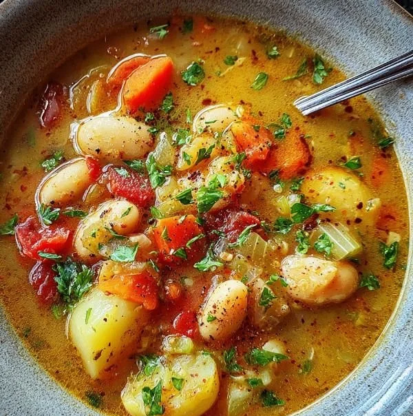 Bowl of hearty butter bean soup garnished with herbs and served with crusty bread