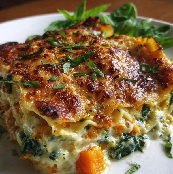 Butternut squash and spinach lasagna in a baking dish, topped with cheese.