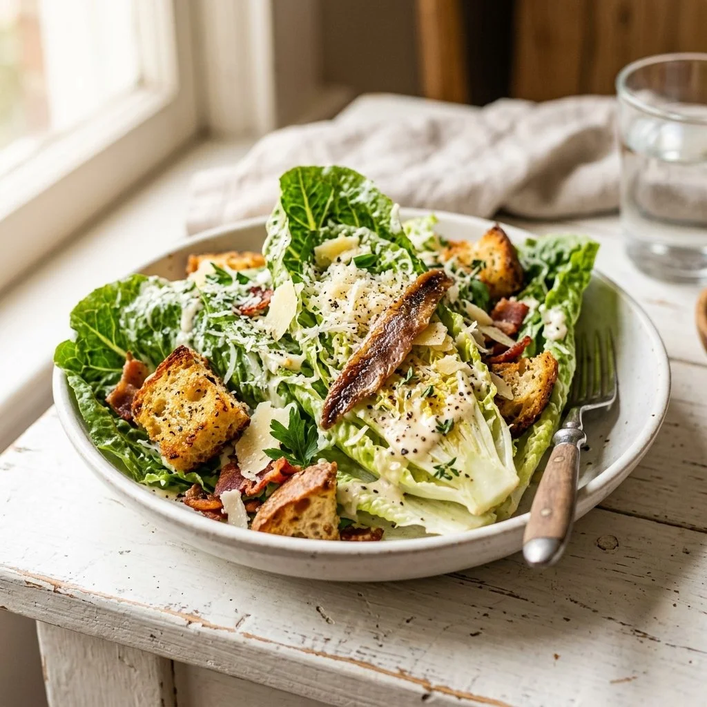 Delicious Caesar Salad with romaine lettuce, croutons, and Caesar dressing