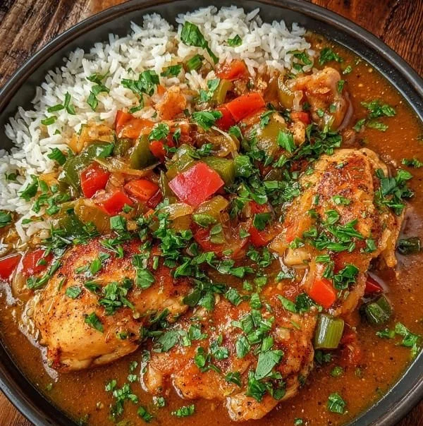 Delicious Cajun Chicken Etouffee served with rice and garnished with green onions.