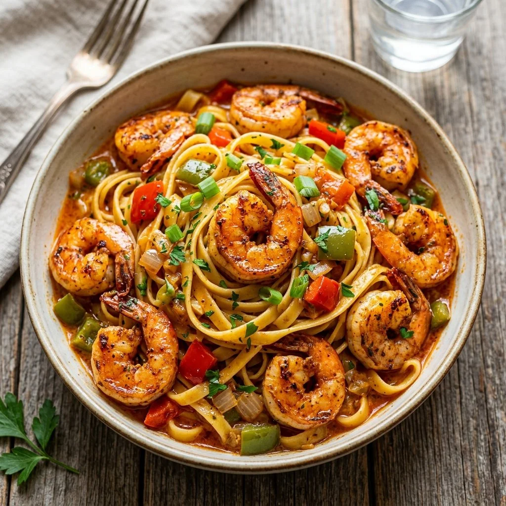 Cajun Shrimp Pasta with shrimp, pasta, and spices served in a creamy sauce