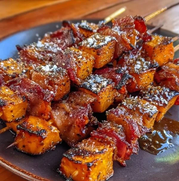 Candied sweet potato and bacon skewers, a savory-sweet dish perfect for gatherings