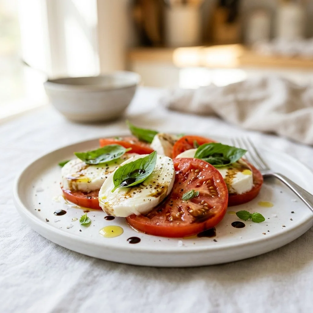 Fresh Caprese Salad with tomatoes, mozzarella, and basil on a wooden board