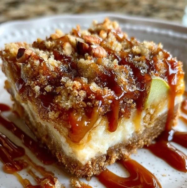 Delicious Caramel Apple Cheesecake Bars topped with caramel sauce