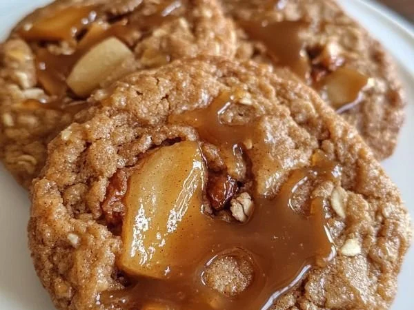 Delicious homemade caramel apple cookies with apples and caramel drizzles