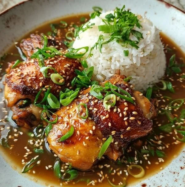 Caramelised Soy Chicken in Garlic Ginger Broth served with rice