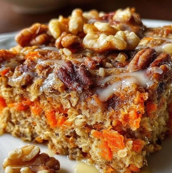 A warm bowl of carrot cake baked oatmeal topped with nuts and raisins.
