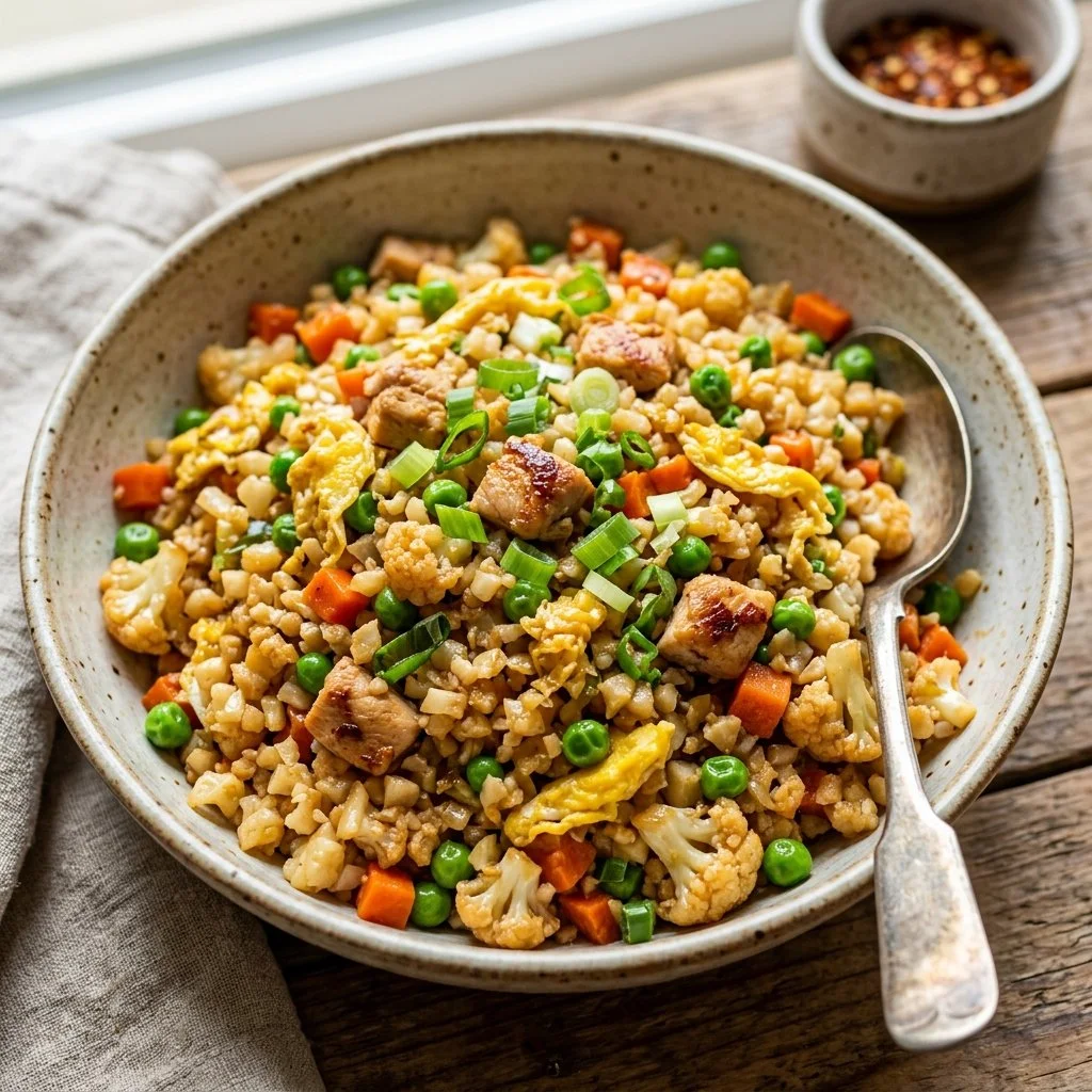 Bowl of cauliflower fried rice with vegetables and herbs