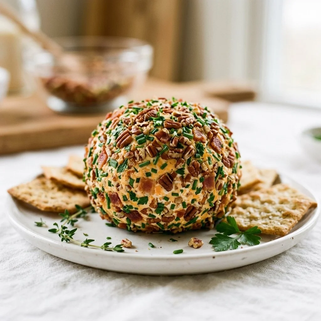 Homemade Cheese Ball with crackers and fresh herbs for a delicious appetizer