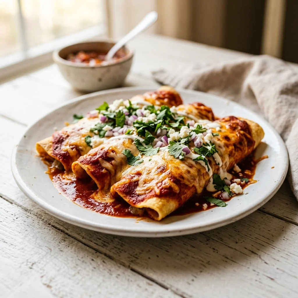 Delicious cheese enchiladas topped with sauce and cheese in a vibrant dish