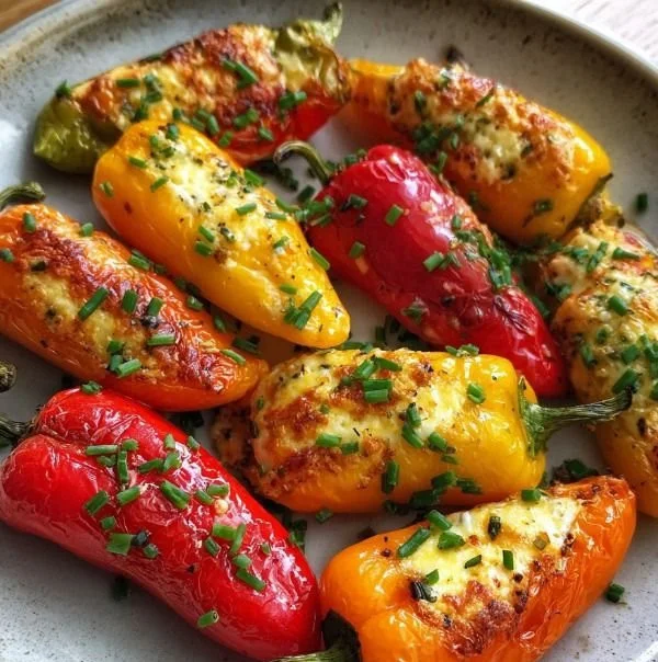 Plate of cheese-stuffed mini peppers, a protein-packed snack option.