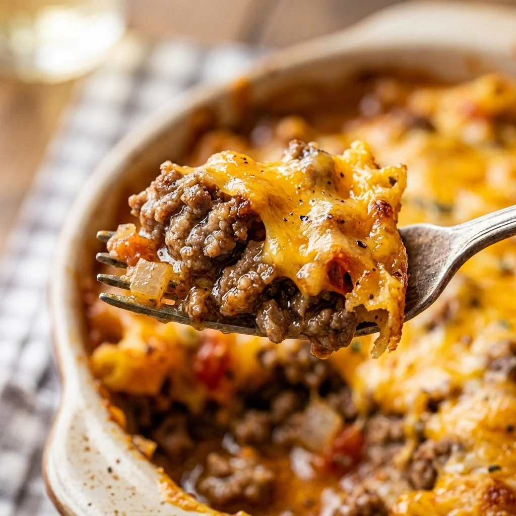 Delicious cheeseburger casserole topped with cheese and herbs served in a baking dish.