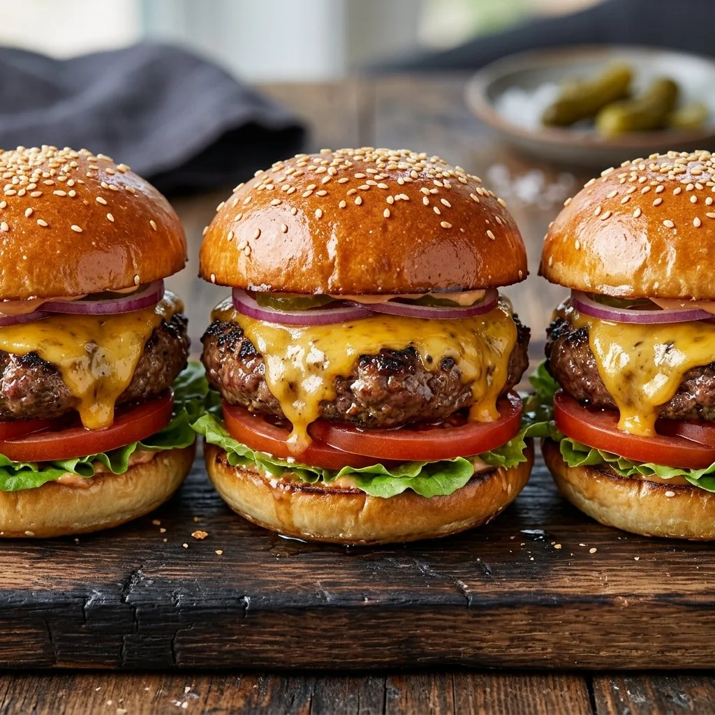 Tasty cheeseburger sliders on a serving platter with fresh toppings