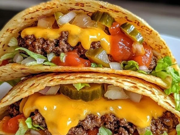 Cheeseburger tacos with smashed patties served on a plate