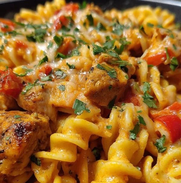 Cheesy Cajun Garlic Chicken Rotini Skillet garnished and served in a pan