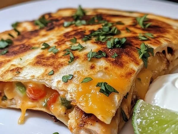 Delicious cheesy chicken quesadilla with melted cheese and grilled chicken