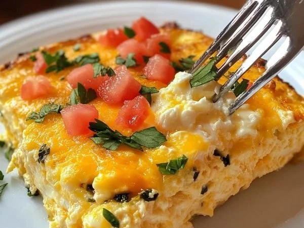Cheesy Egg Bake topped with melted cheese and fresh herbs