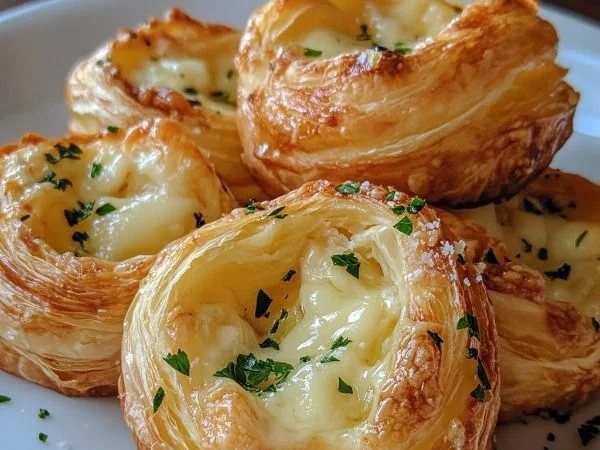 Freshly baked cheesy garlic cruffins with golden crust and gooey cheese inside