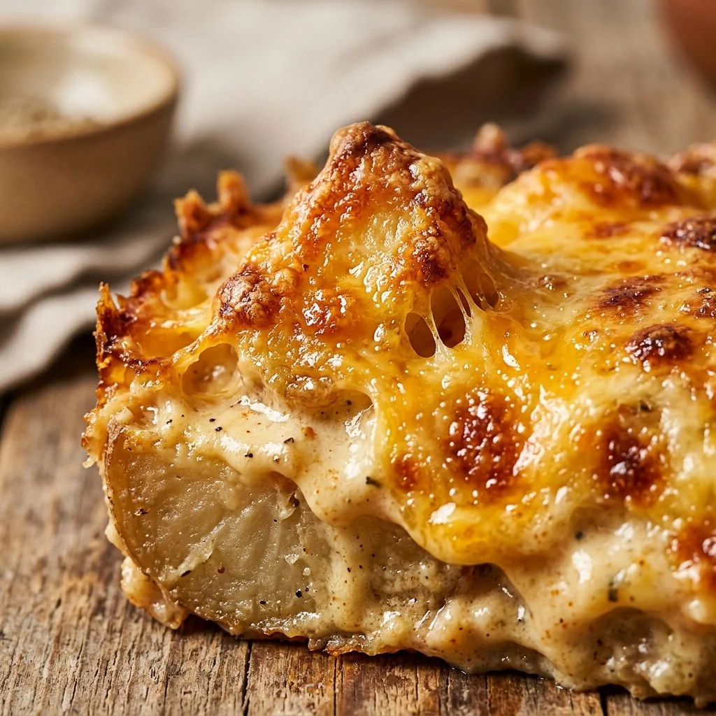 Cheesy Potato Casserole served in a baking dish with golden brown topping