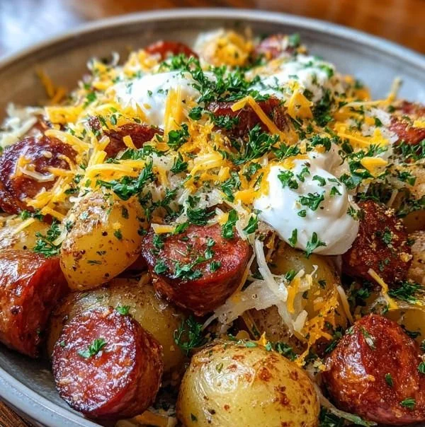 Delicious cheesy ranch potatoes topped with smoked sausage in a baking dish