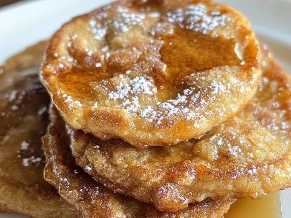 Plate of chewy French toast cookies topped with cinnamon and maple syrup.