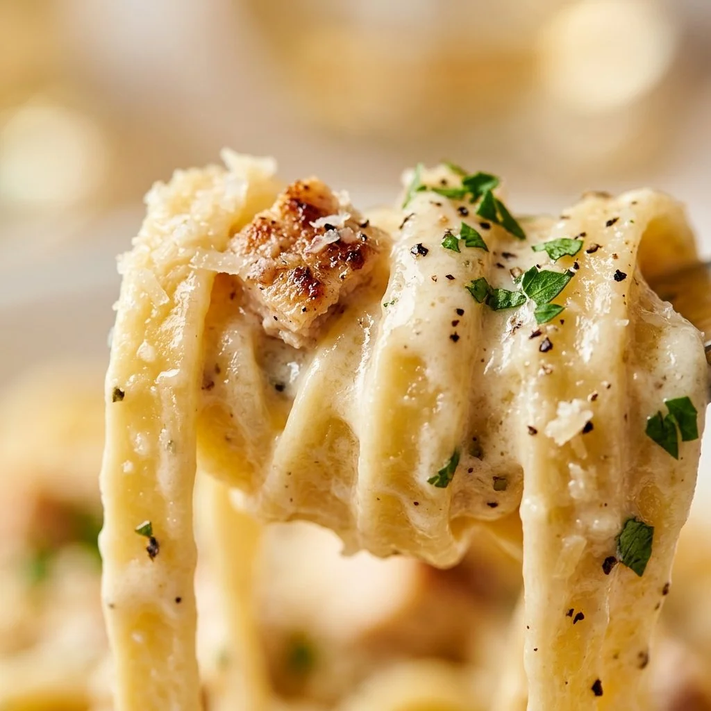 Creamy Chicken Alfredo pasta dish with grilled chicken and parsley garnish