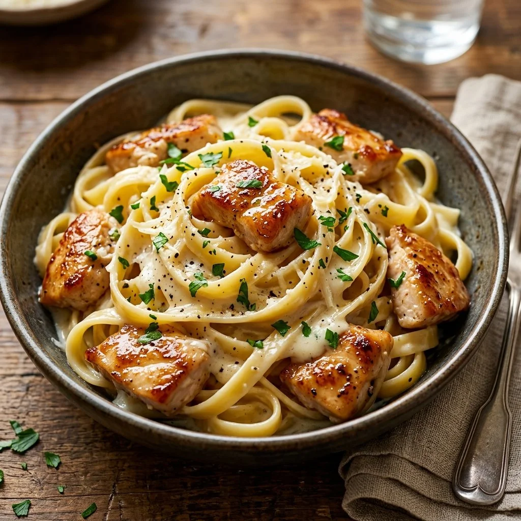 Creamy Chicken Alfredo pasta dish served in a bowl with parsley garnish.