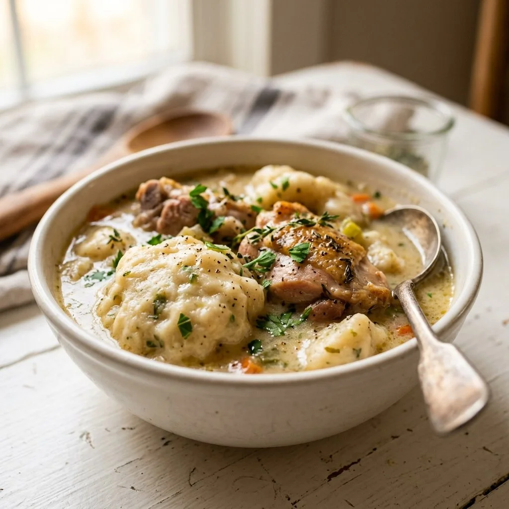 Bowl of homemade Chicken and Dumplings served with herbs and spices.
