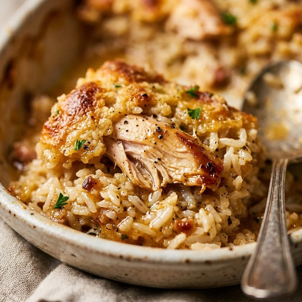 Delicious homemade Chicken and Rice Casserole in a baking dish