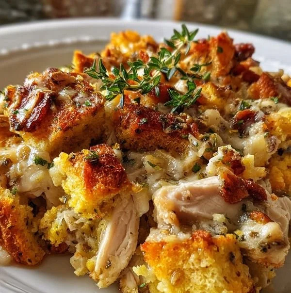 Delicious Chicken and Stuffing Casserole served with fresh herbs.
